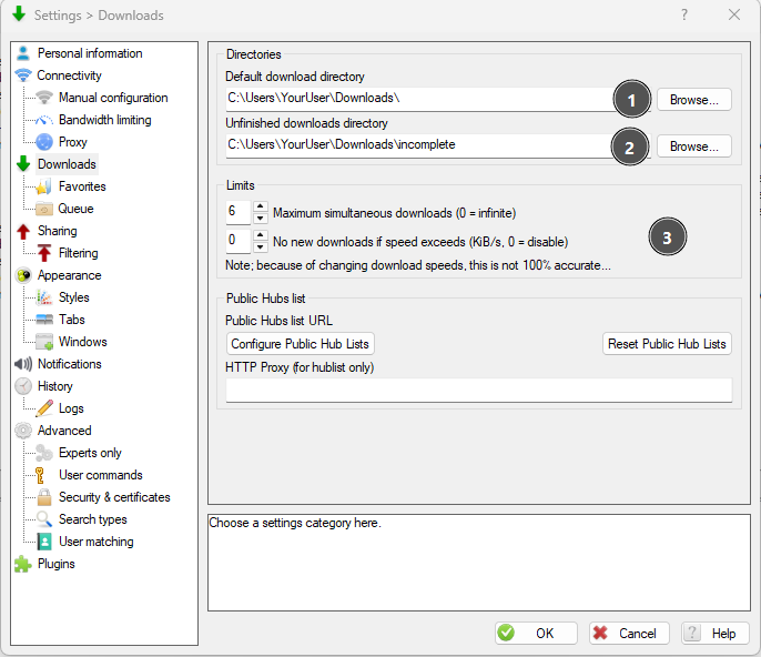 DC++ downloads settings