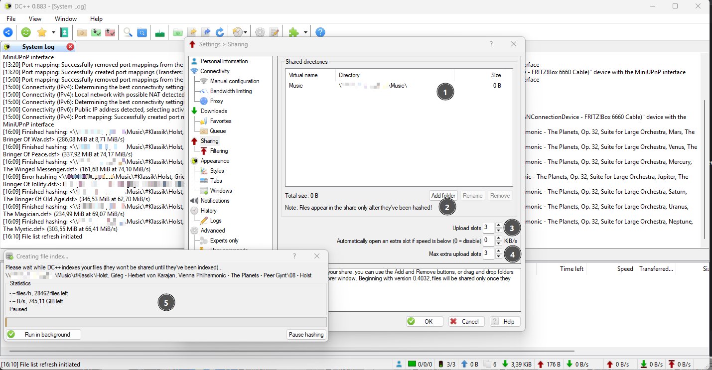 DC++ sharing settings