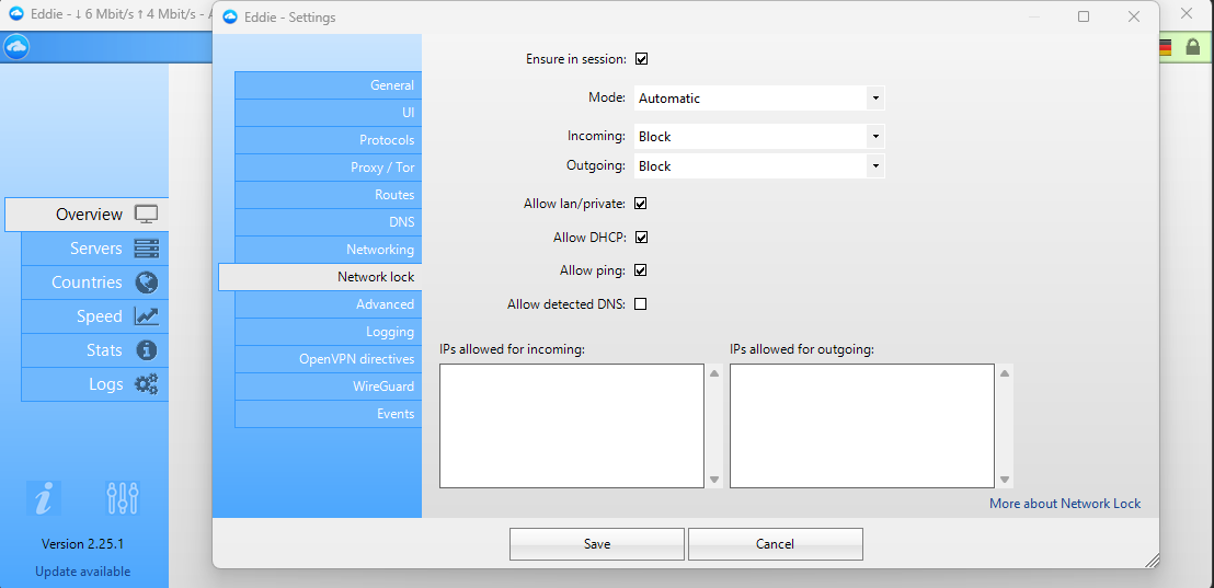 Eddie Network Lock settings