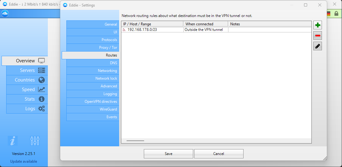 Eddie routes settings
