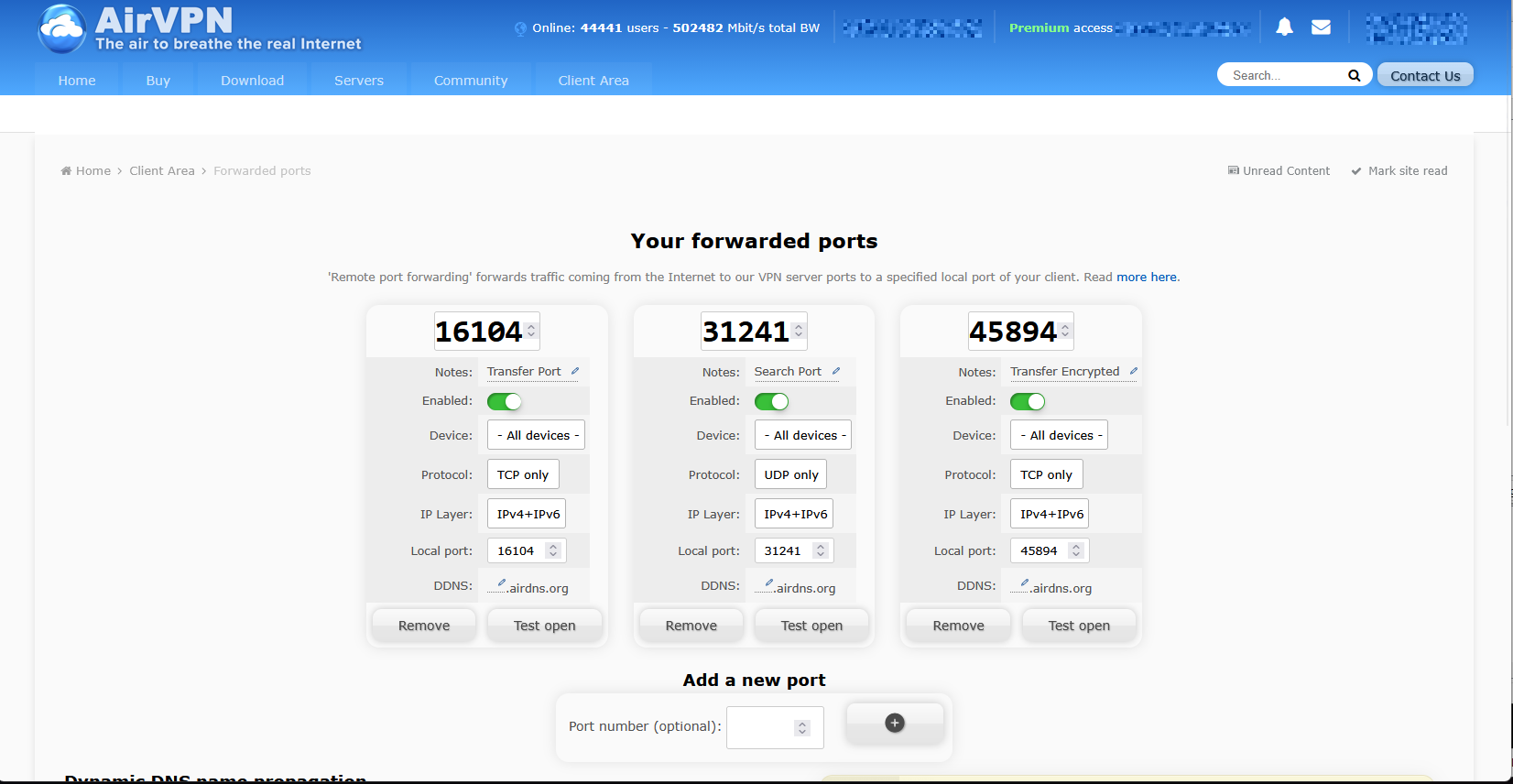 AirVPN forwarded ports